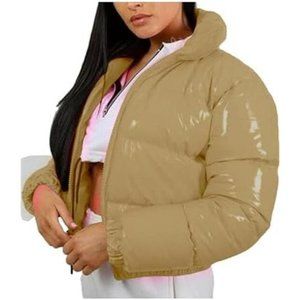 Women Winter Warm Stand Collar Slim Fit Cropped Puffer Down Jacket Coats Color: